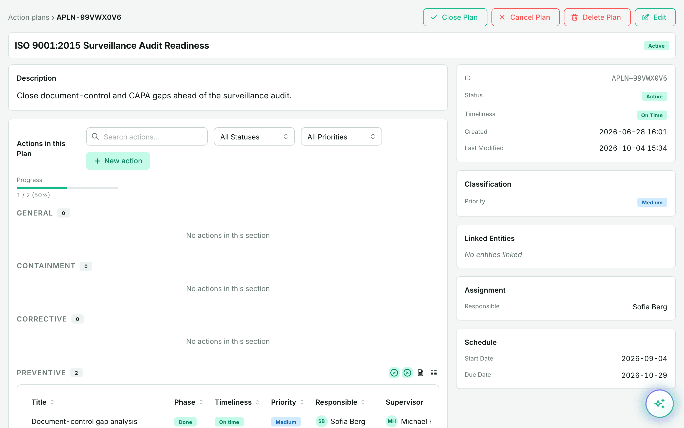 An opexONE action plan: its actions by phase, with progress computed from them